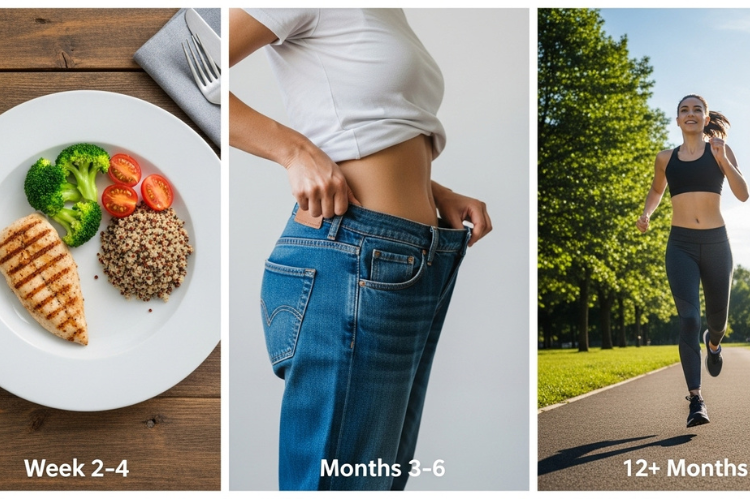 Week 2–4 showing appetite reduction, Months 3–6 showing shrinking waistline and 12+ months showing a confident person exercising outdoors. 