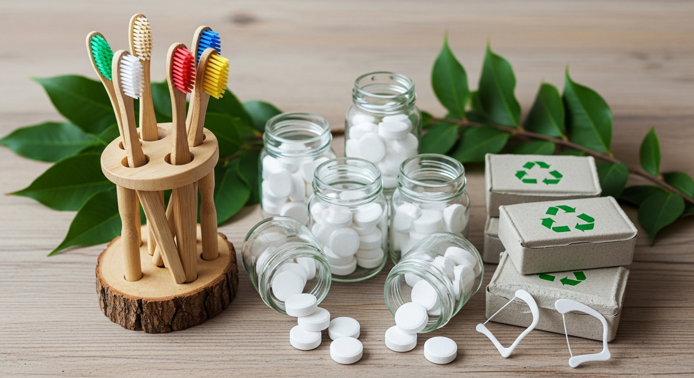 Bamboo toothbrushes, refillable toothpaste tablets in glass jars, biodegradable floss containers, all placed on a natural wooden.