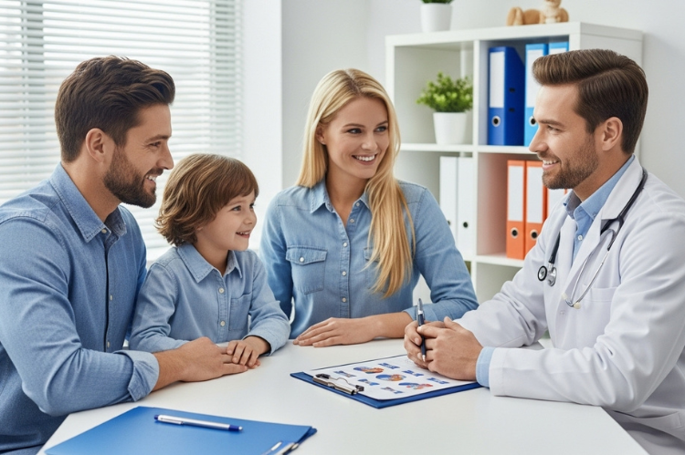 A family consulting with a doctor in a modern pediatric clinic, medical charts on desk.