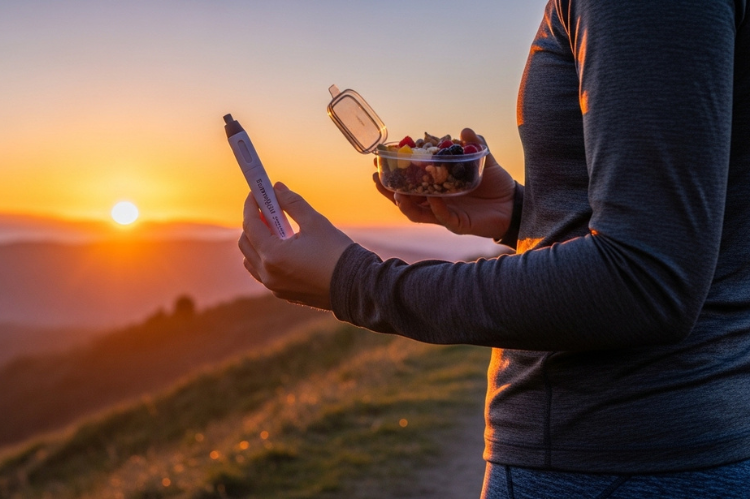 A person standing at a sunrise horizon, holding a Semaglutide injection pen in one hand and healthy food in the other.