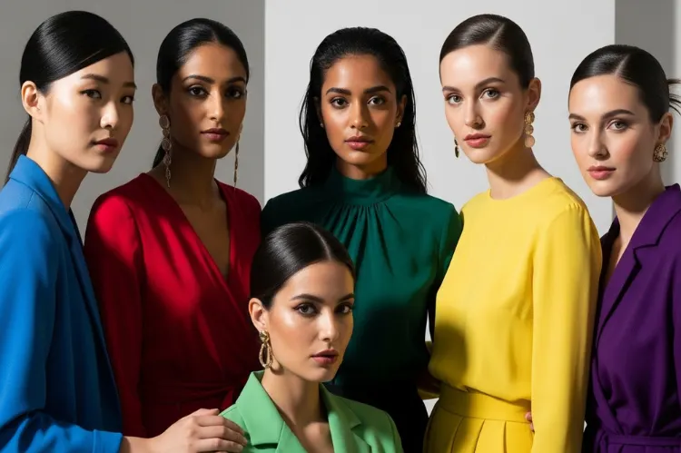 A diverse group of women from different ethnic backgrounds posing confidently in stylish outfits.