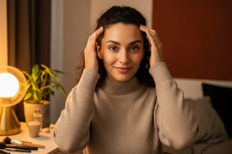 A confident woman with a naturally big forehead standing.