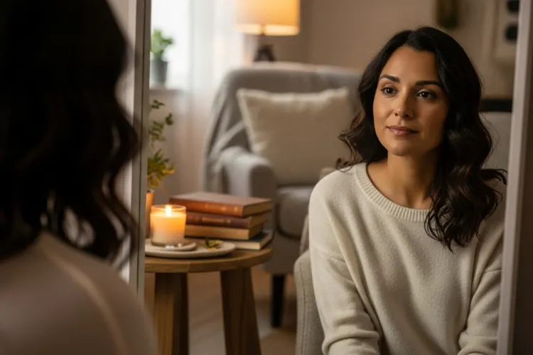 A thoughtful woman looking at her reflection in a softly lit room.