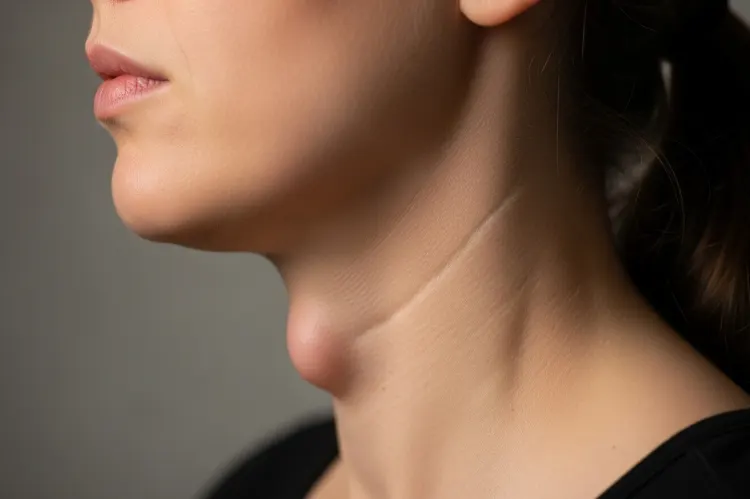 Close-up of a woman’s neck showing visible laryngeal prominence.