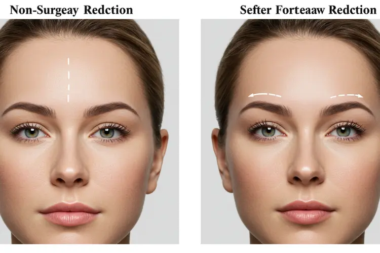 Split-screen comparison showing non-surgical vs surgical forehead reduction outcomes.