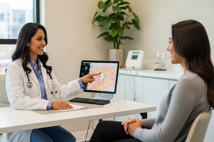 Dermatologist consulting smiling patient.