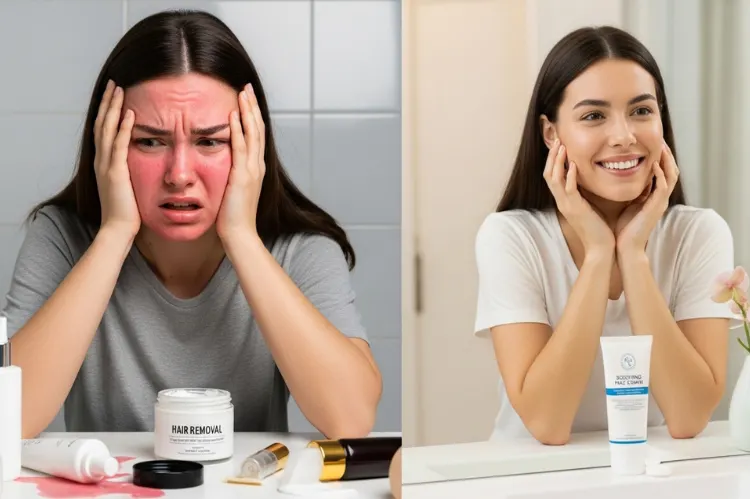 Split image: frustrated woman using wrong cream vs.