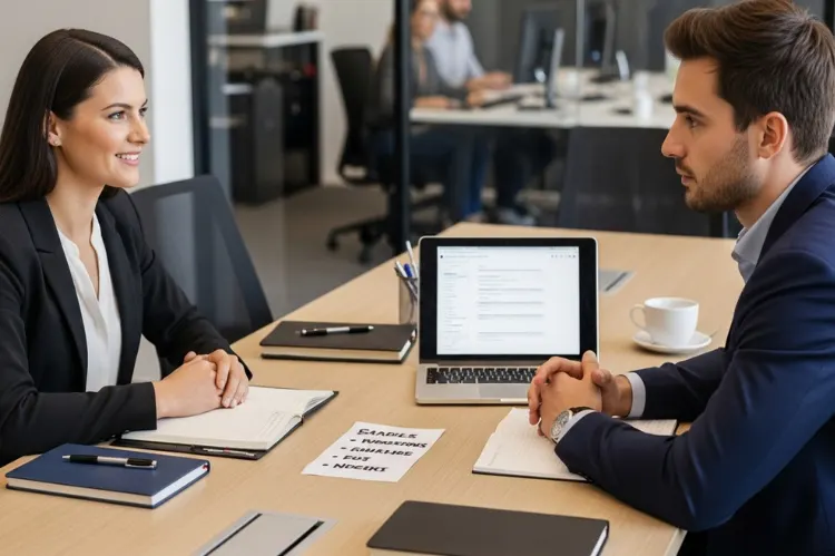 Business-style office meeting with an HR representative and an employee discussing a short functional note.