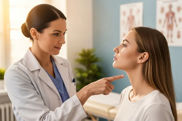 A confident female doctor explaining anatomy to a young woman.