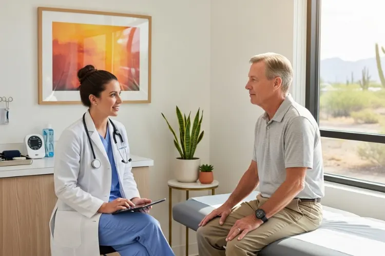 Friendly doctor consulting a patient in a modern clinic, representing pain management Phoenix.