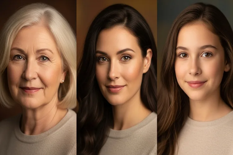 Portraits of three women from different generations showing similar.