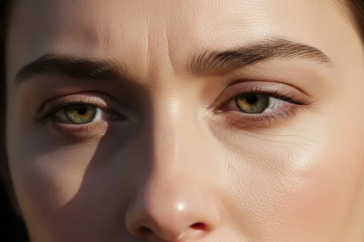 A close-up high-resolution photo of a fictional woman's upper face showing slightly drooping eyebrows.