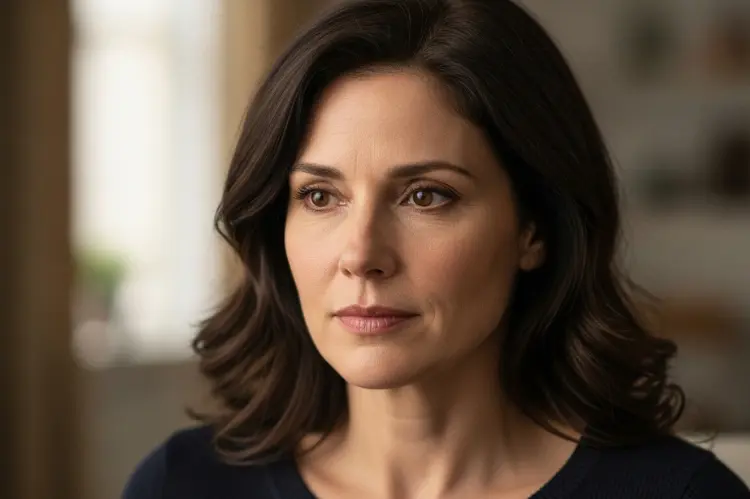 A realistic portrait of a fictional adult woman showing a neutral expression, natural skin texture.zoom out image.