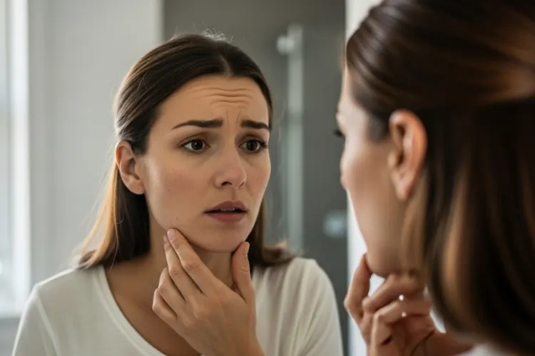 Woman in her 30s examining chin in mirror.