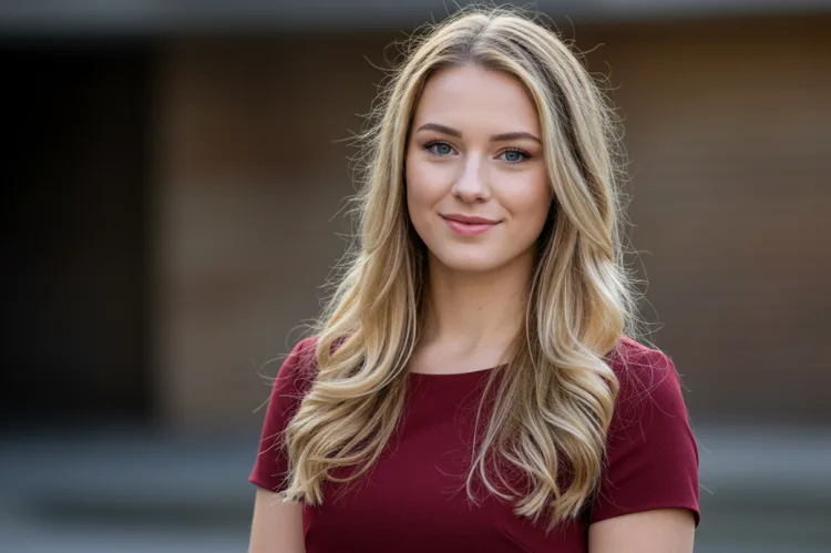 A confident woman with balanced facial proportions smiling softly.