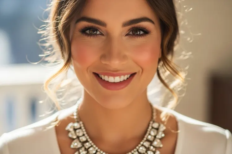 Smiling woman in natural light wearing a statement necklace.