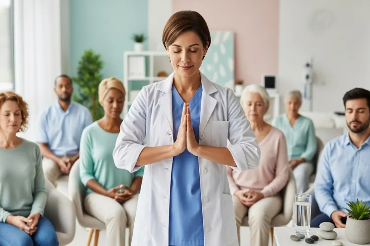 Professional photo of a healthcare worker leading a mindfulness in a clinic setting. 