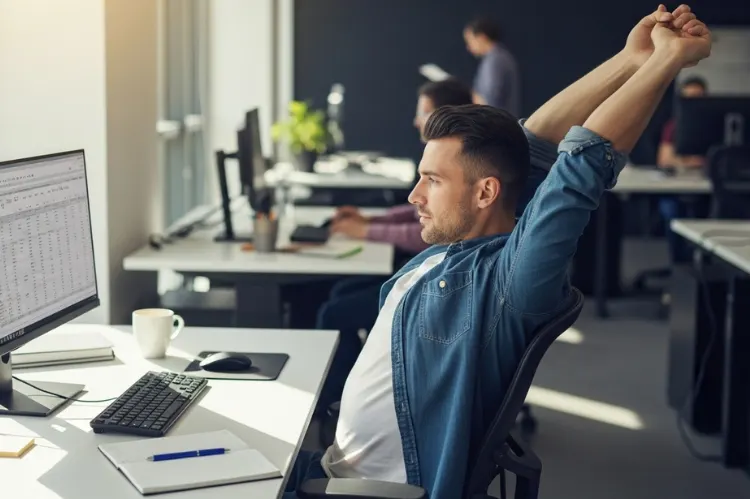 Realistic office scene of an employee stretching at their desk while keeping focus on the computer.