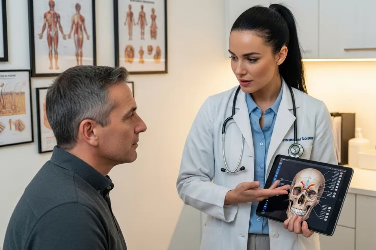 A professional dermatologist showing a digital skull diagram.