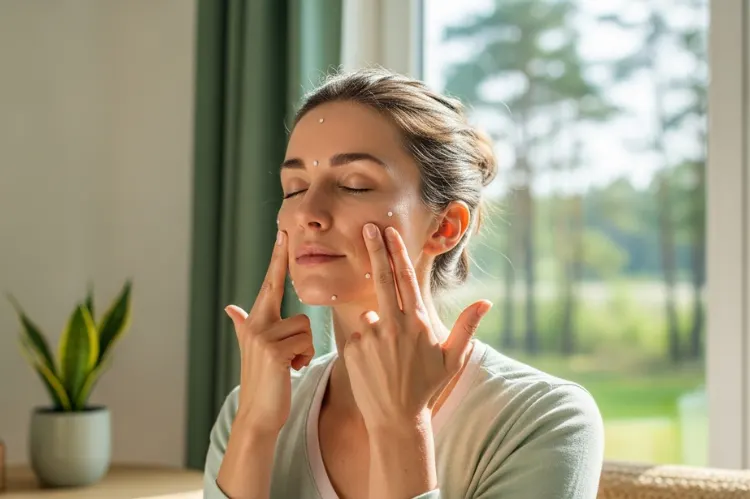 Woman doing facial yoga at home, bright window light.