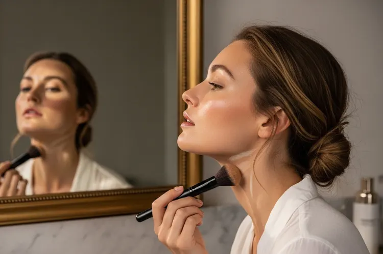 Woman using makeup contouring brush on her neck.