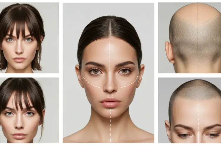 Modern beauty concept collage showing hairstyling, makeup contouring, and scalp micropigmentation.