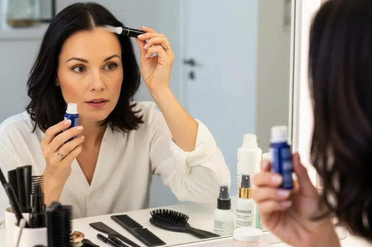 A woman applying hair fibers along her hairline in front of a mirror.