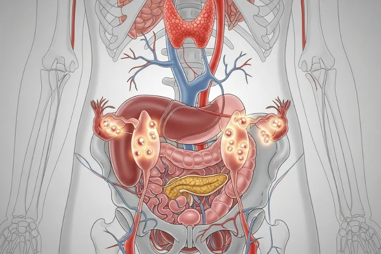 Medical illustration showing female endocrine system with emphasis.