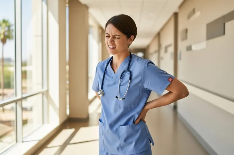 Professional healthcare worker in Phoenix holding their lower back, representing pain management Phoenix.