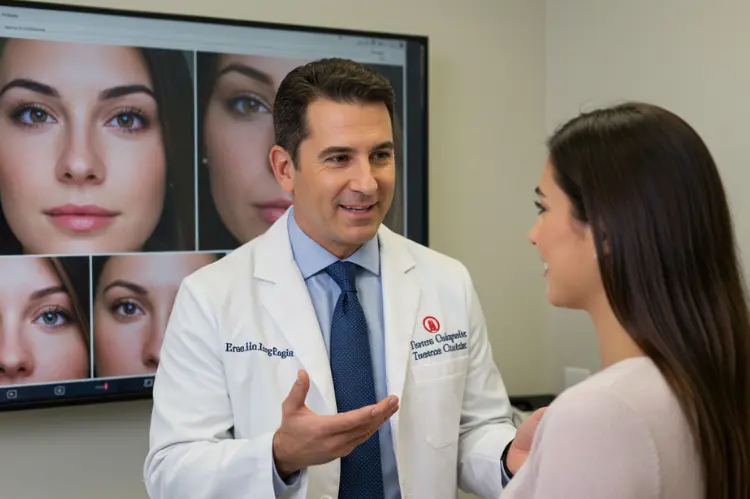 Confident plastic surgeon speaking to explaining results with patient photos.