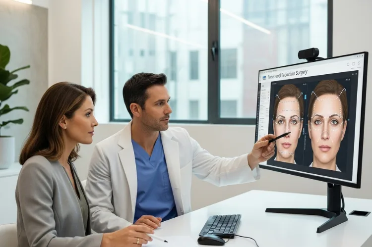 A surgeon and patient discussing forehead reduction options using digital illustrations on a screen.