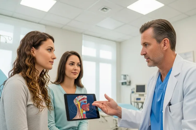 Surgeon consulting a female patient, digital anatomy model.