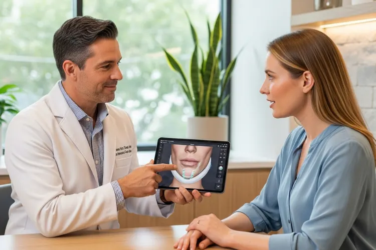 Doctor showing chin implant model to patient.