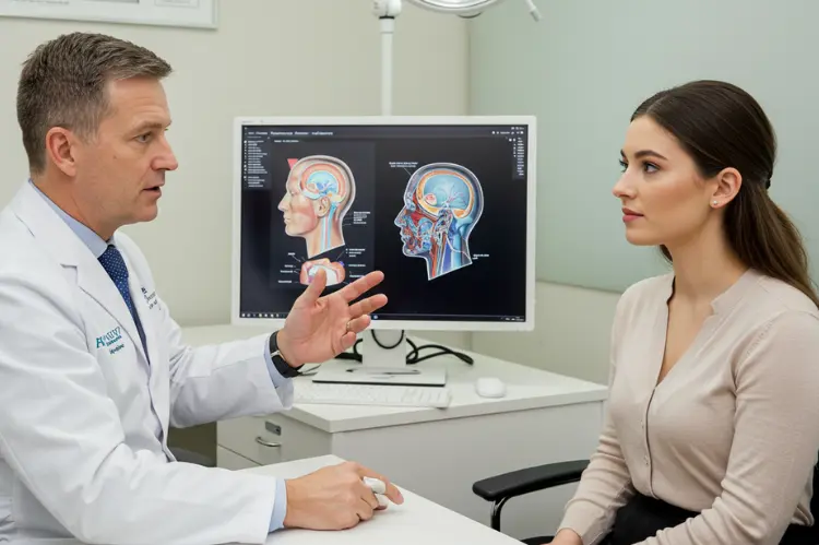 Modern medical of a plastic surgeon consulting a patient about forehead reduction surgery.