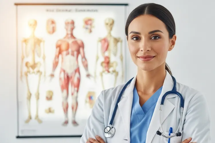 Confident doctor smiling at the camera with anatomical chart.