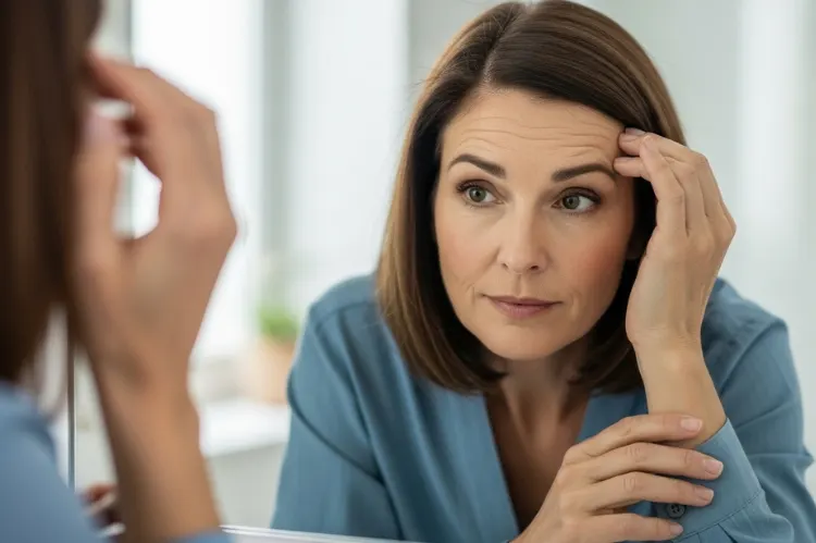 A mid-aged woman examining her forehead in the mirror with a thoughtful look.
