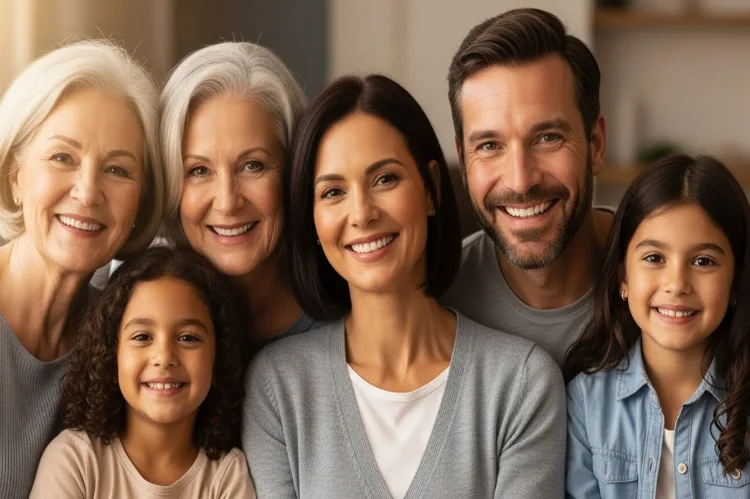 Family with varied chin shapes, warm light.