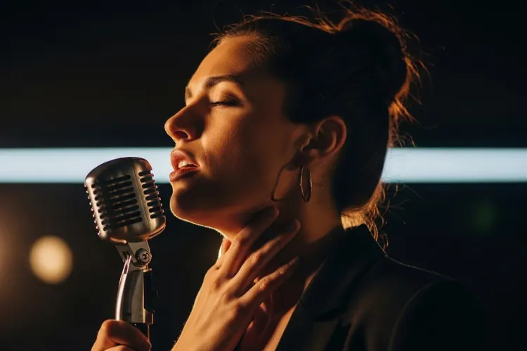 Singer or speaker using microphone, subtle focus.
