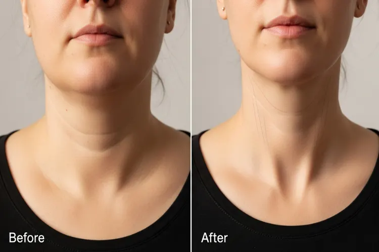 Before-and-after concept of a woman’s neck after weight loss.