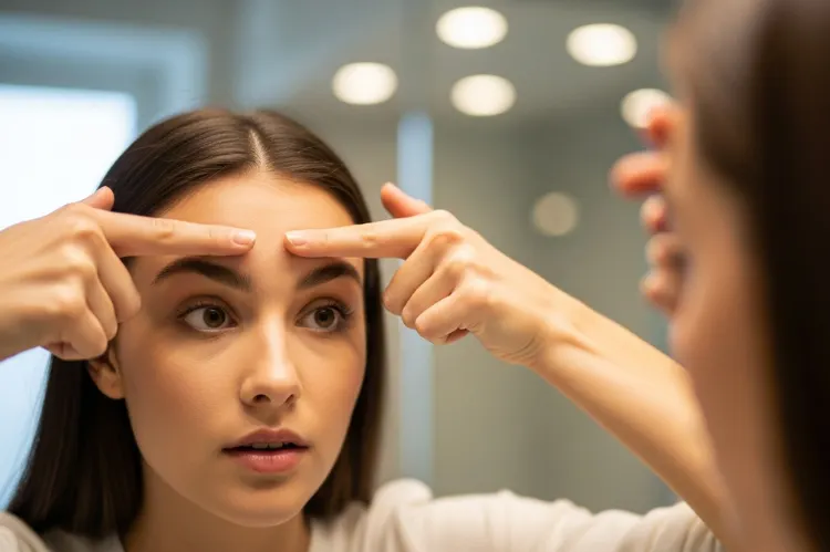 A close-up of a young woman measuring their big forhead distance from her eyebrows.