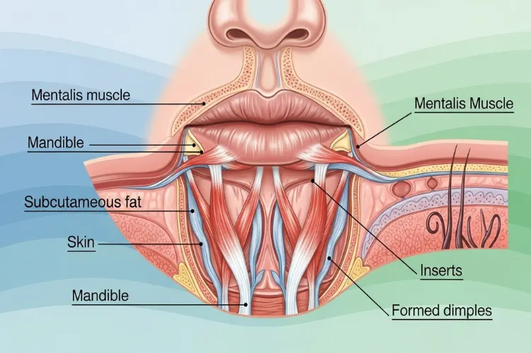 Close-up facial anatomy showing mentalis muscle forming dimples.