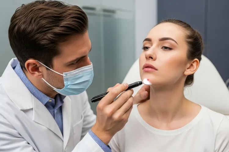 Doctor inspecting patient’s chin with penlight.