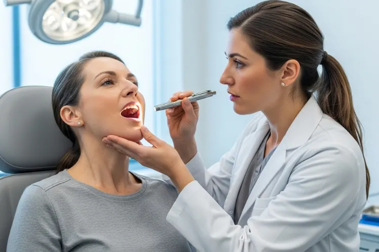 Female ENT specialist gently examining.
