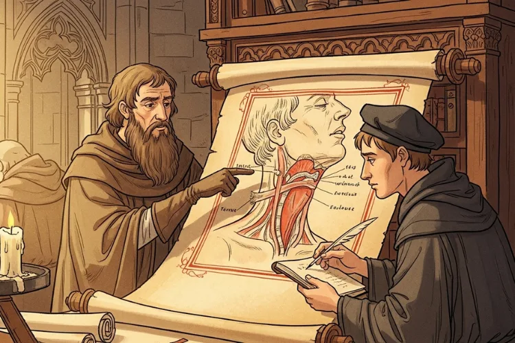 Historic-inspired concept showing medieval scholars studying.