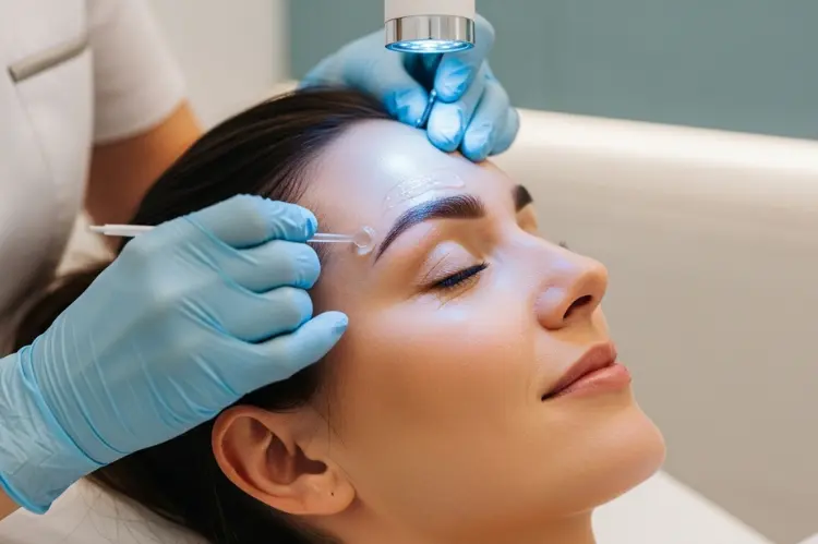 A realistic side-profile photo of a fictional woman receiving a non-surgical brow treatment.