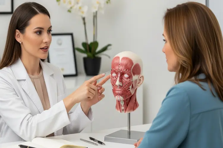Aesthetic expert offering Botox advice with anatomical model.