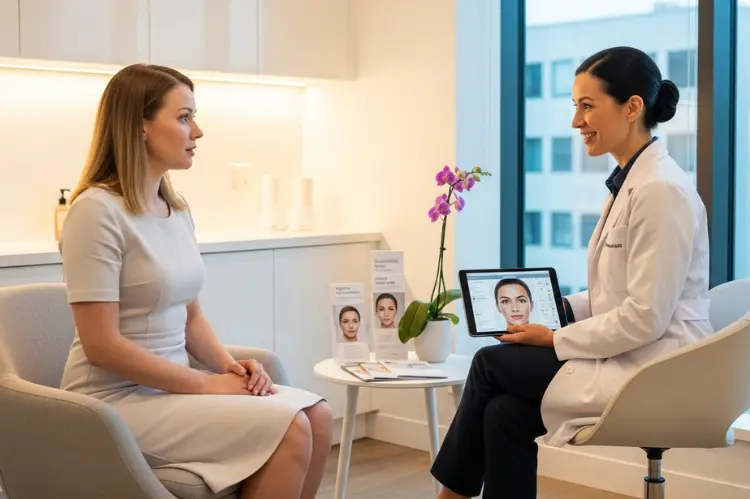 A realistic photograph of a fictional patient meeting a specialist in an aesthetic clinic.