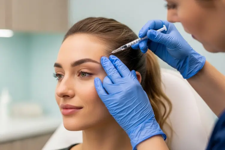 A natural clinical photograph of a fictional woman receiving a careful Botox adjustment injection.