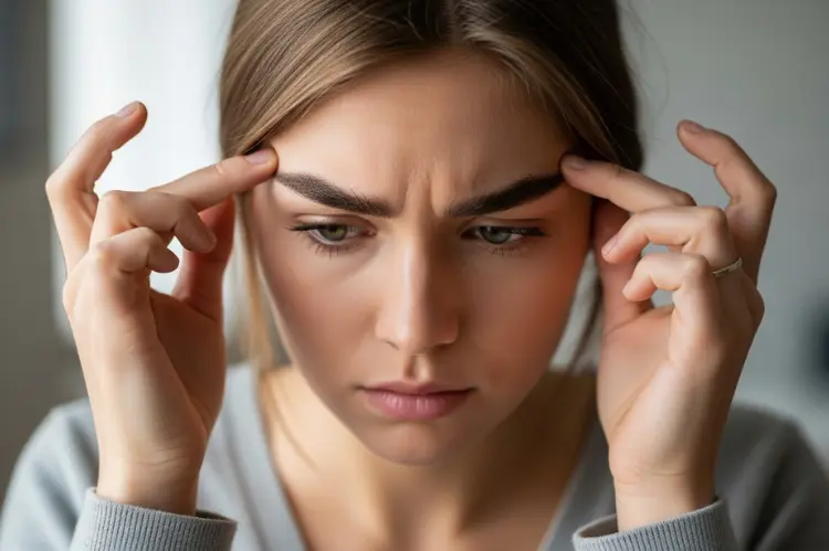 Woman touching her eyebrows with concerned expression, early brow heaviness.