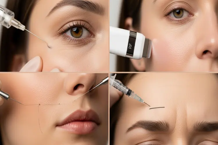 Multiple correction methods: filler, RF, thread lift.